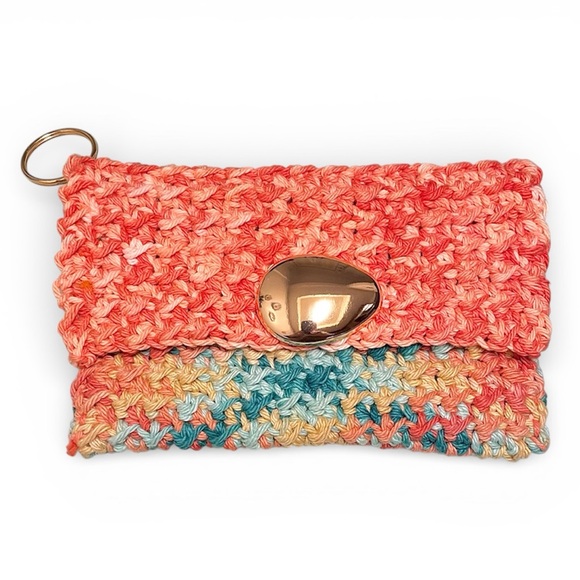 Handmade Handbags - New Handcrafted joyful Multicolor Crochet hand knit Clutch pouch coral teal